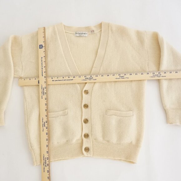 Yves Saint Laurent Cream Luxury Designer Minimalist 100% Wool Cardigan Sweater M - Picture 3 of 11
